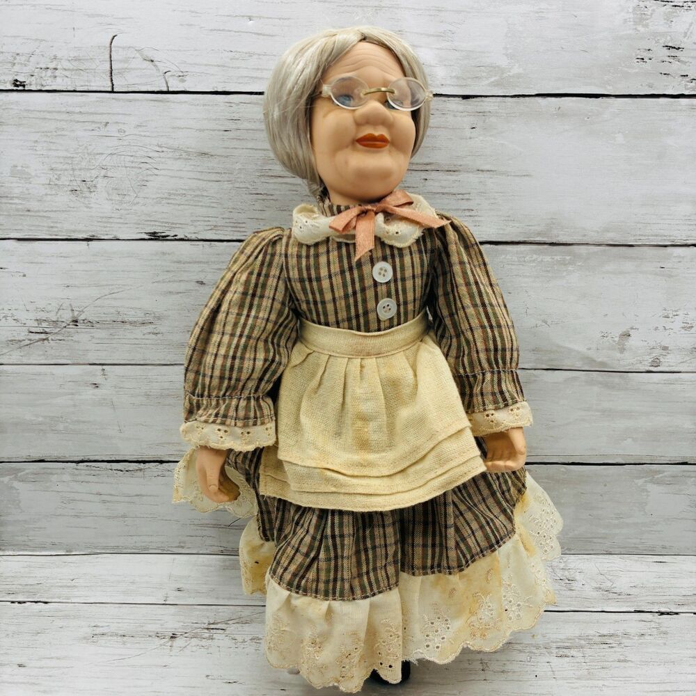 Vintage Grandma Doll Elderly Woman Ceramic Head Hands Glasses Collectible 15"